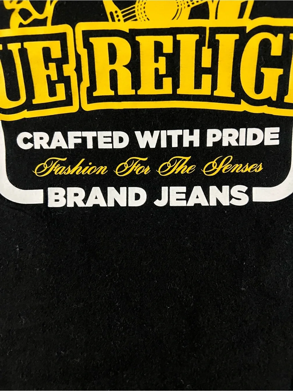 True Religion Black Tee with Yellow Logo Arch Graphic